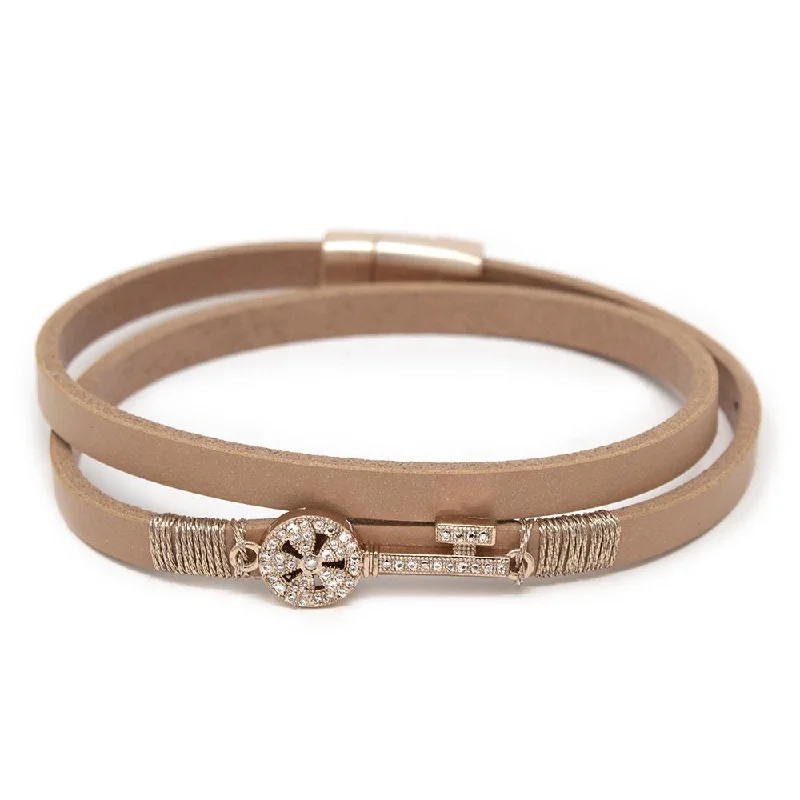 women hammered bangles -Leather Wrap Bracelet with Pave Crystal Key Rose