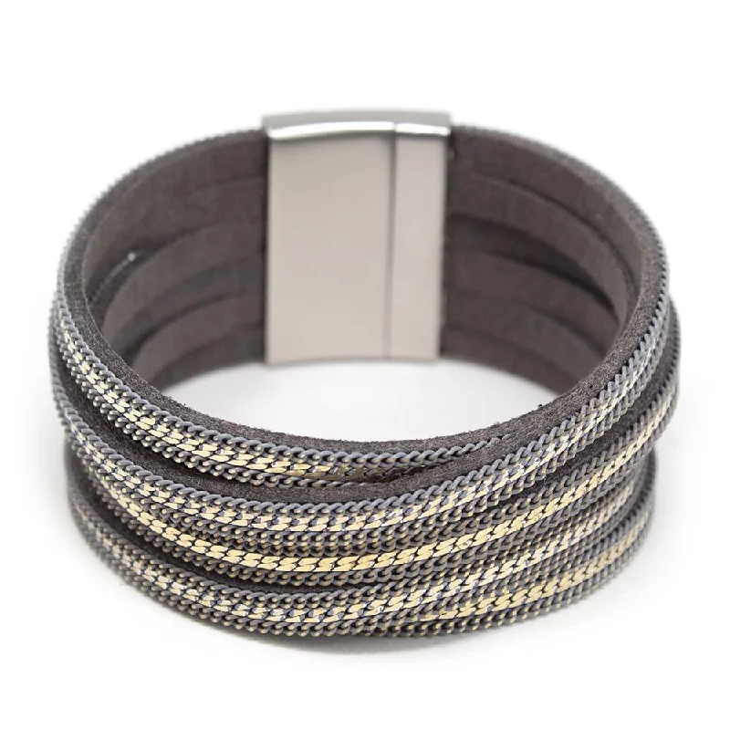 women gold bangles -Six Row Bracelet Suede Chain Silver Tone