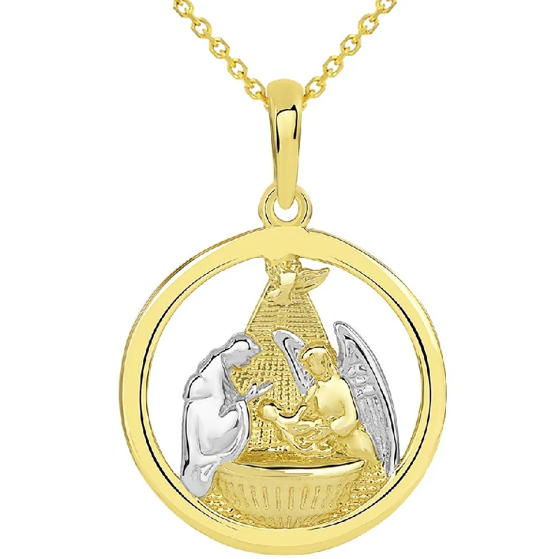 women statement gold necklaces -14k Yellow Gold Polished Two Tone Open Round Holy Spirit Baptism Christening Pendant - Available with Rolo, Curb, or Figaro Chain Necklaces