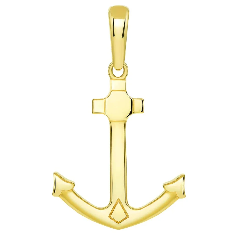 women chunky necklaces -Solid 14K Yellow Gold Anchor Nautical Marine Pendant