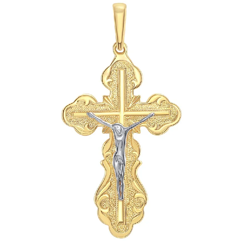 women vintage-style necklaces -14k Yellow Gold Russian Bless and Save Scripted Cross Eastern Orthodox Jesus Crucifix Pendant