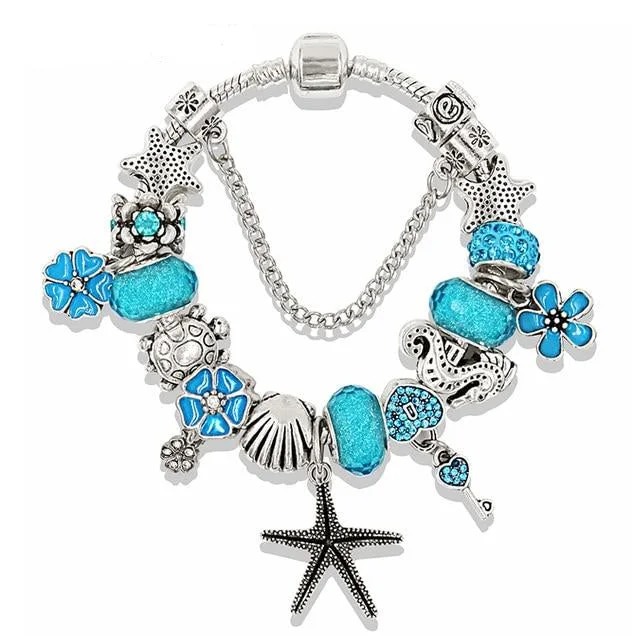 women pearl bracelets -Blue Ocean Style Heart Flower Charm Pandora Bracelets & Bangles - Perfect Gift For Her