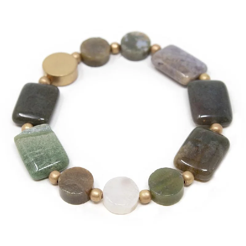 women personalized bracelets -Semi Precious Stone Stretch Bracelet with Gold Disc Green