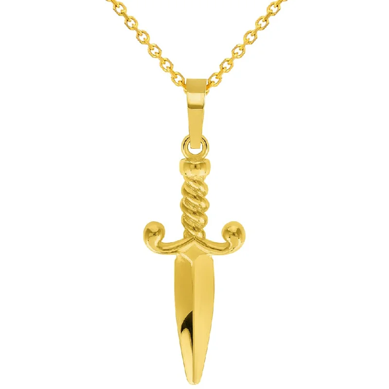 women bridal gold necklaces -Solid 14k Yellow Gold 3D Dagger Knife Pendant with Cable, Curb, or Figaro Chain Necklaces