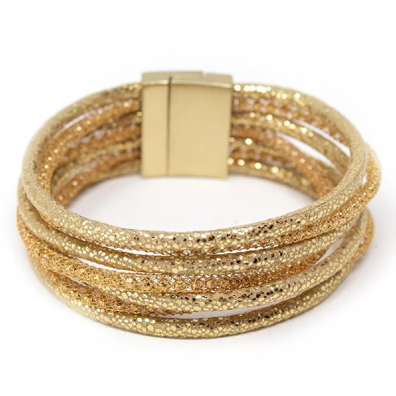 women oval bangles -Seven Row Mesh Leather Bracelet Gold Tone