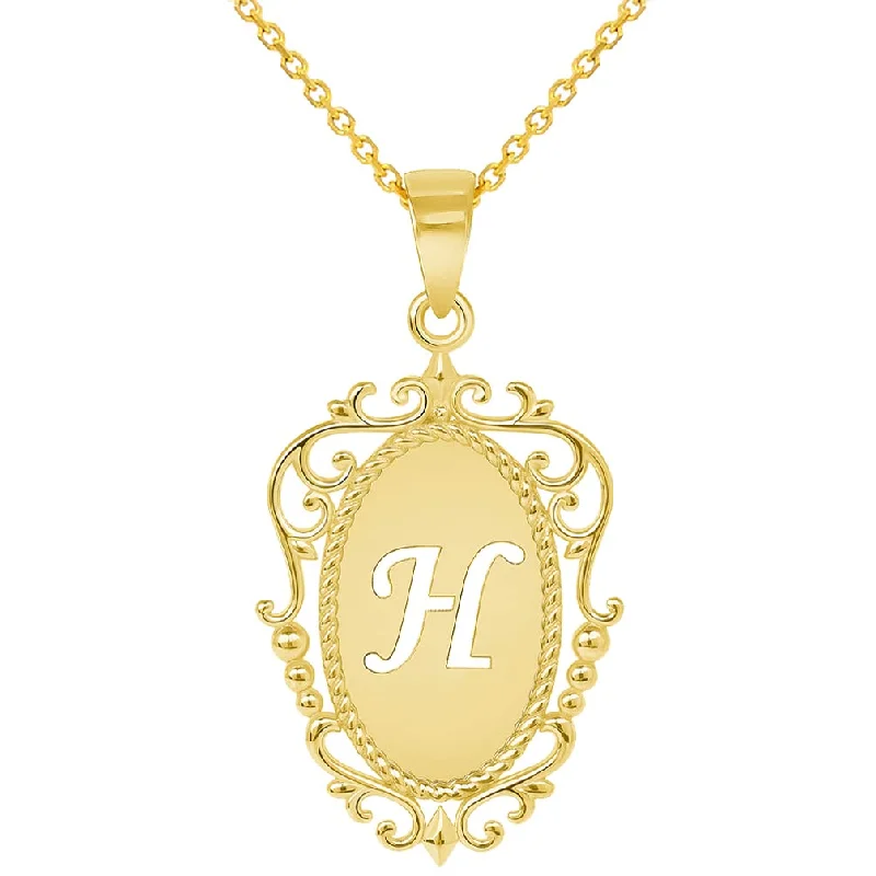 women rose gold pendant necklaces -14k Yellow Gold Elegant Filigree Oval Uppercase Initial H Script Letter Plate Pendant with Cable, Curb, or Figaro Chain Necklaces