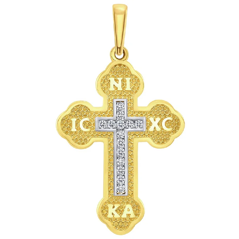 women heart-shaped necklaces -14k Yellow Gold Cubic-Zirconia Eastern Orthodox IC XC NI KA Cross Inlay Pendant