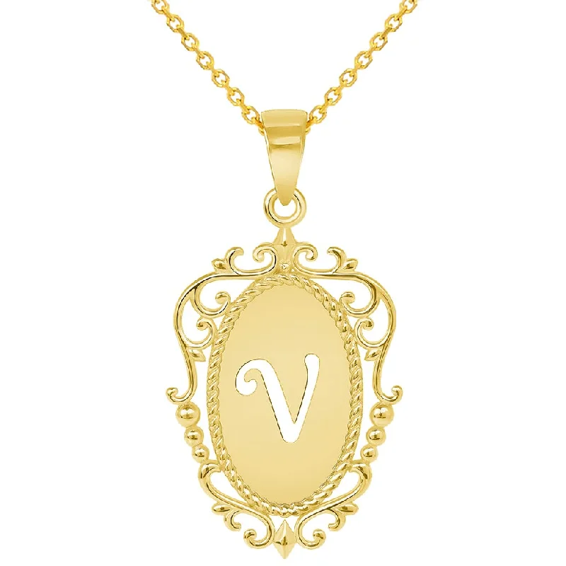 women unique charm necklaces -14k Yellow Gold Elegant Filigree Oval Uppercase Initial V Script Letter Plate Pendant with Cable, Curb, or Figaro Chain Necklaces