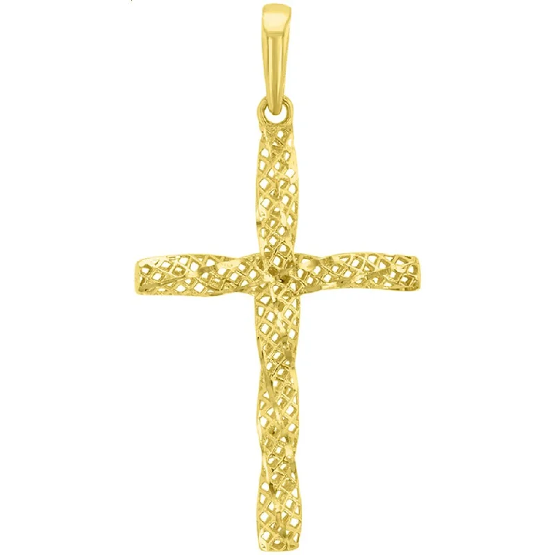 women minimalist gold necklaces -Handcrafted 14K Yellow Gold Textured Spiral Tube Cross Pendant