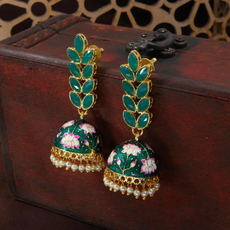 women mismatched earrings -Etnico Gold Plated Meenakari Leaf Shaped Pearl Drop Jhumka Earrings For Women (E2922G)