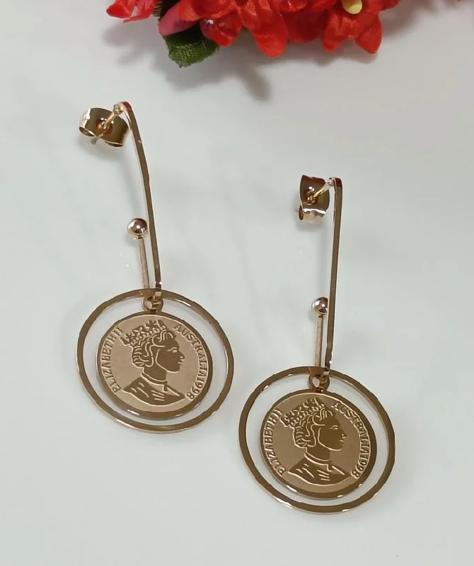 women sparkly stud earrings -Tarohi Jewels Stainless Steel Gold/Rosegold Plated Queen Elizabeth Portrait Coin Drop Hanging Earring- STNER 2590