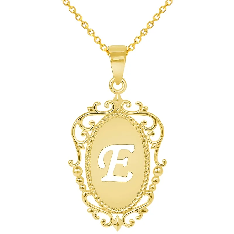 women silver necklaces -14k Yellow Gold Elegant Filigree Oval Uppercase Initial E Script Letter Plate Pendant with Cable, Curb, or Figaro Chain Necklaces