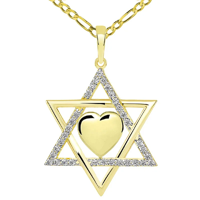 women trendy gold necklaces -14k Yellow Gold Jewish Love CZ Star of David with Heart Pendant Figaro Necklace