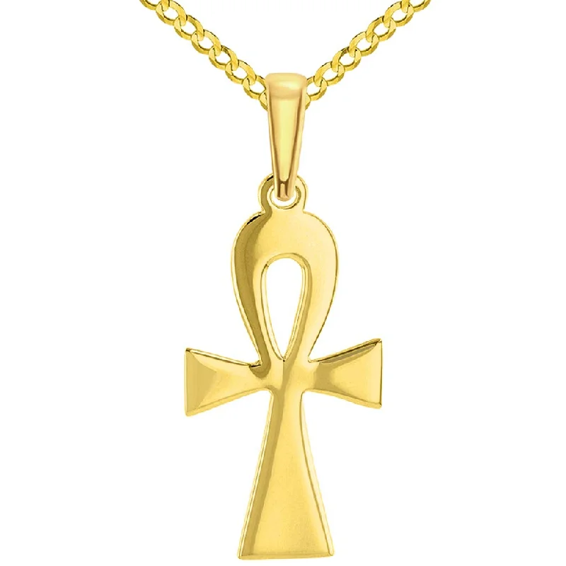 women minimalist necklaces -14k Solid Yellow Gold High Polish Egyptian Coptic Ankh Cross Pendant with Curb Chain Necklace