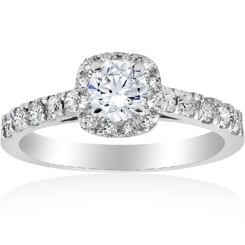 women sapphire diamond engagement rings -1ct Cushion Halo Diamond Engagement Ring 14K White Gold