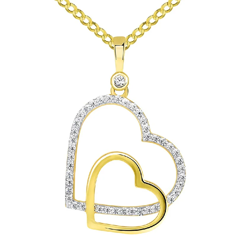 women bridal necklaces -14k Yellow Gold CZ Dangling Sideways Open Double Heart Pendant Cuban Necklace