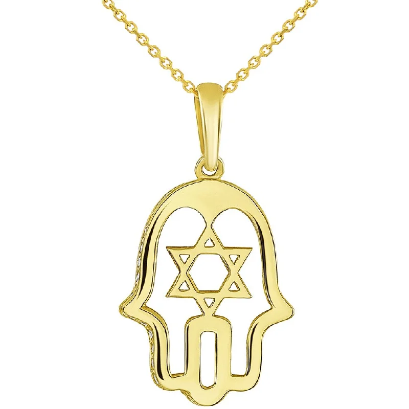 women engraved pendant necklaces -14K Yellow Gold CZ Hamsa Hand of God with Star of David Pendant Necklace