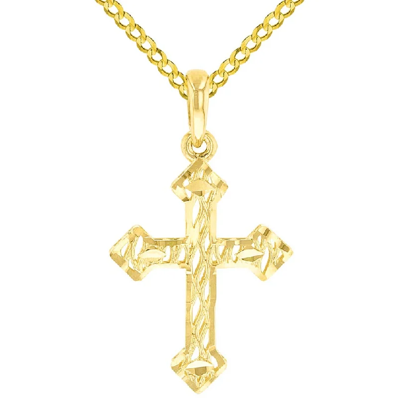 women long necklaces -14k Yellow Gold Small Textured Christian Orthodox 3D Cross Pendant Cuban Necklace