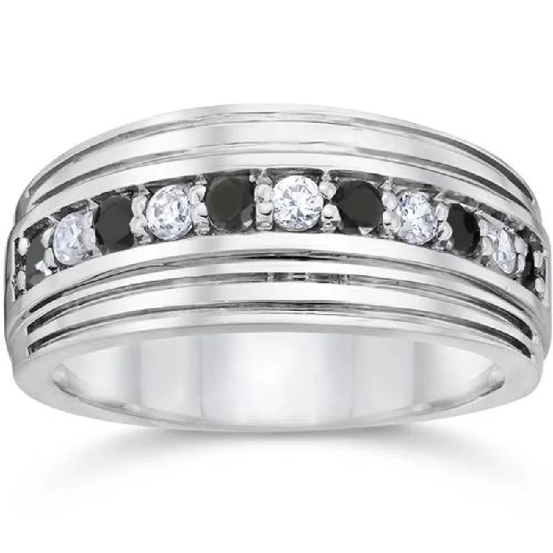 women unique wedding engagement rings -Mens 10k White Gold Alternating Black & White Diamond 1/2ct Wedding Ring