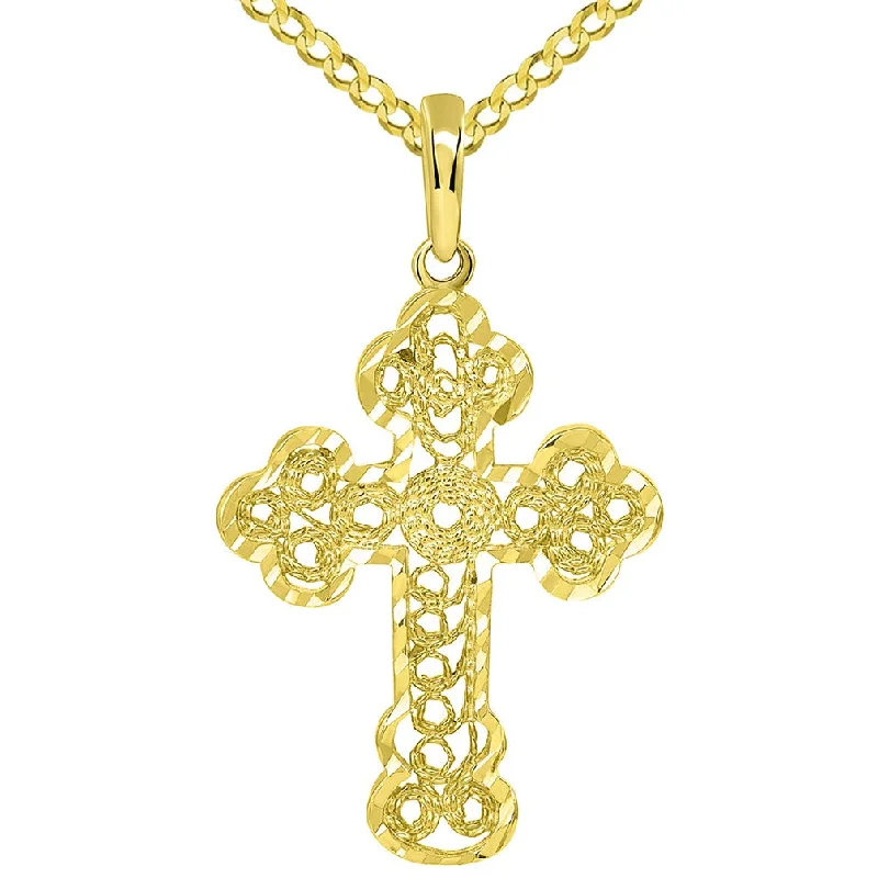 women ruby necklaces -Solid 14k Yellow Gold Filigree Eastern Orthodox Cross Pendant with Cuban Necklace