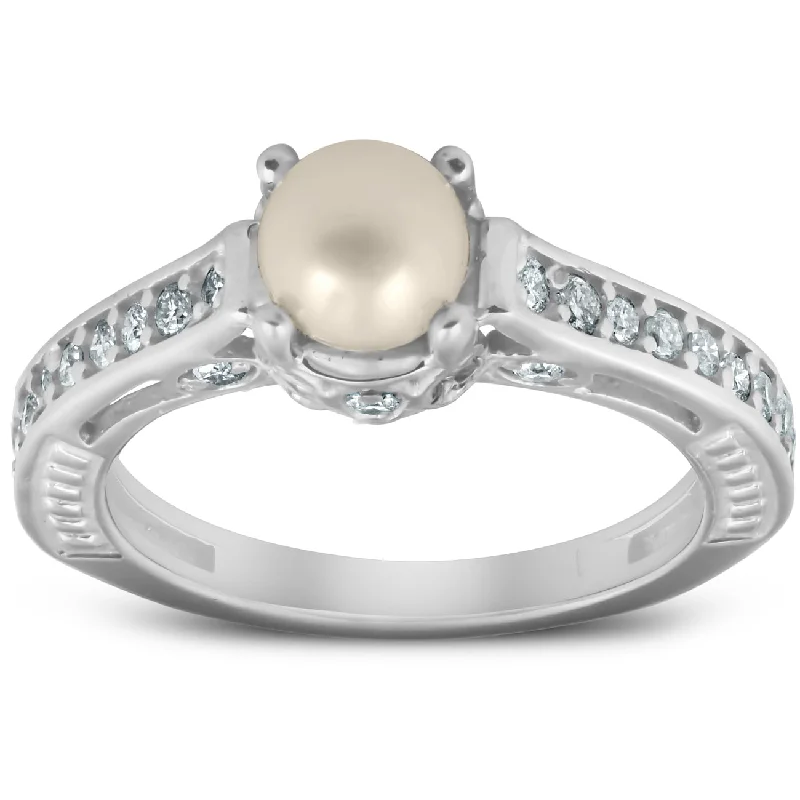 women heart-shaped engagement rings -Diamond Pearl Vintage Gatsby Style Ring 14K White Gold