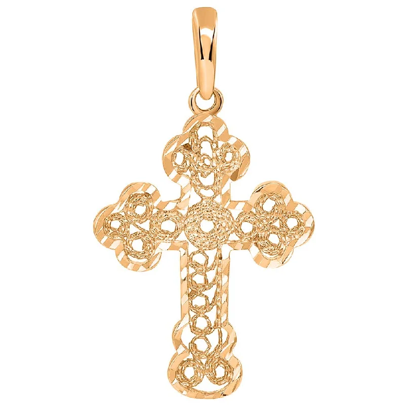 women diamond pendant necklaces -Solid 14k Rose Gold Filigree Eastern Orthodox Cross Pendant