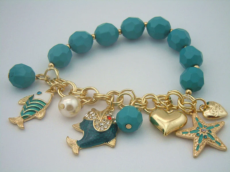 women crystal bangles -Gorgeous Blue Bead Heart Dolphin Charm Bracelet