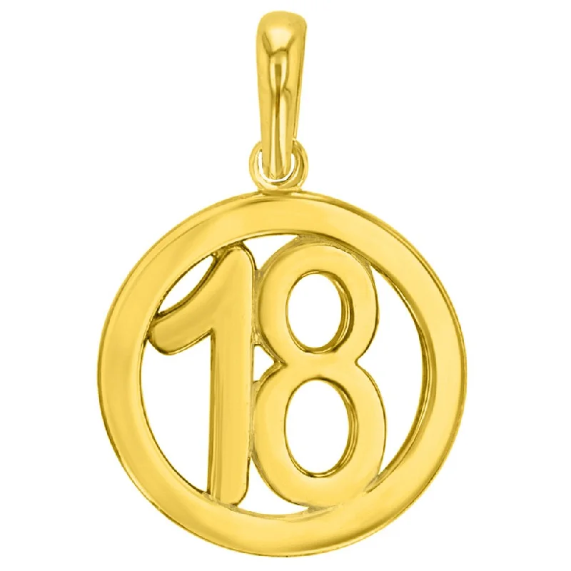 women rose gold pendant necklaces -Solid 14K Yellow Gold Round Number Eighteen Charm Pendant