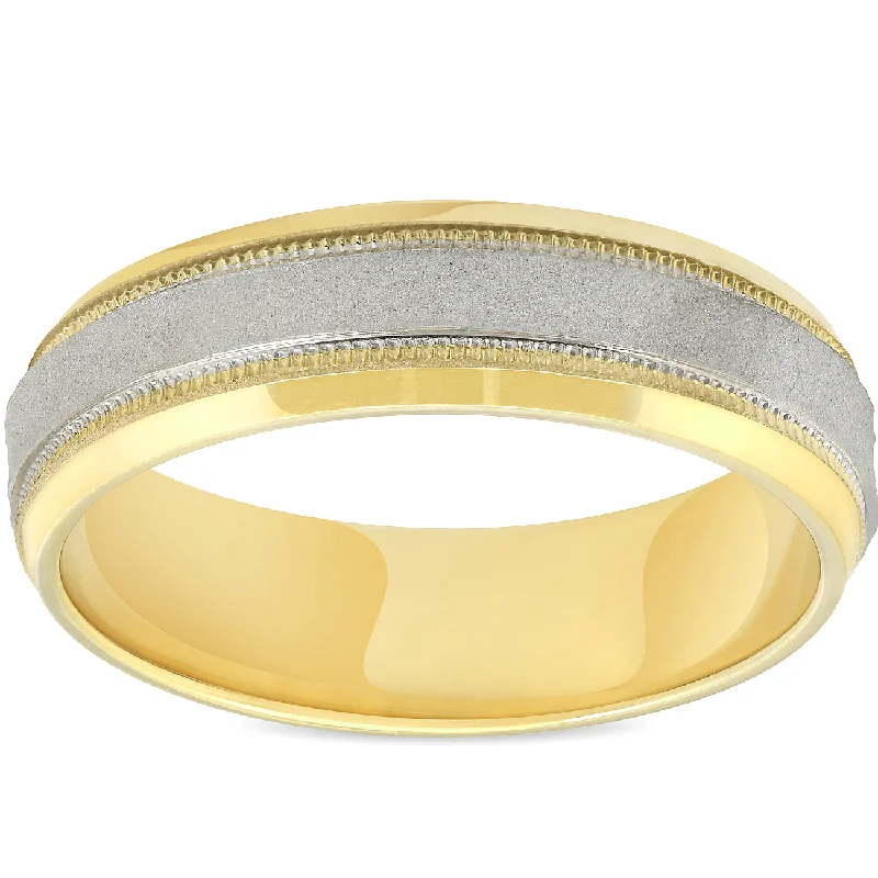 women custom wedding rings -Platinum & 18k Yellow Gold 6MM Sandblast Brushed Mens Wedding Band