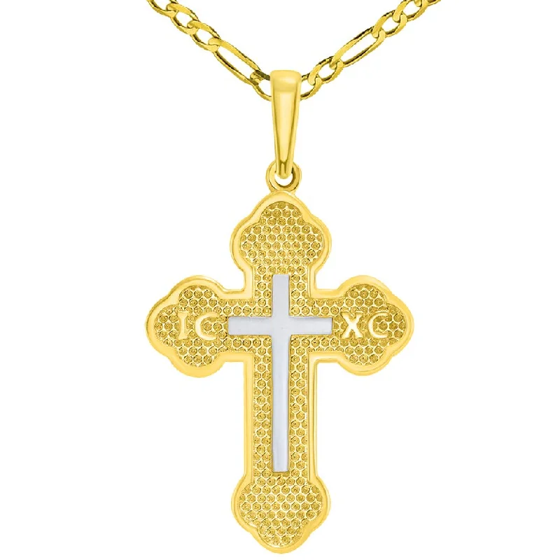 women delicate necklaces -14k Yellow Gold Eastern Orthodox Botonee Two Tone IC XC Cross Pendant with Figaro Chain Necklace