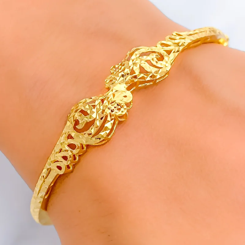 women hammered bangles -Charming Faceted 22k Gold Motif Bangle Bracelet