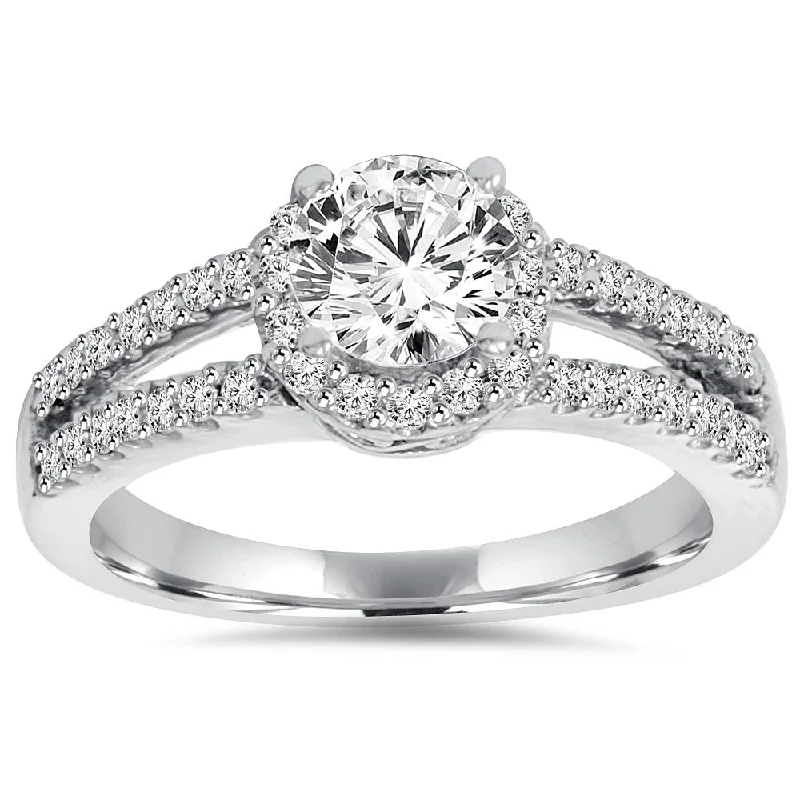 women vintage engagement rings -3/4 Ct Halo Split Shank Lab Created Diamond Engagement Ring 14K White Gold