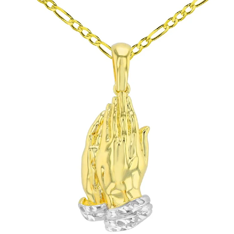 women flower pendant necklaces -High Polished 14K Yellow Gold Religious Dainty Praying Prayer Hands Pendant with Figaro Necklace