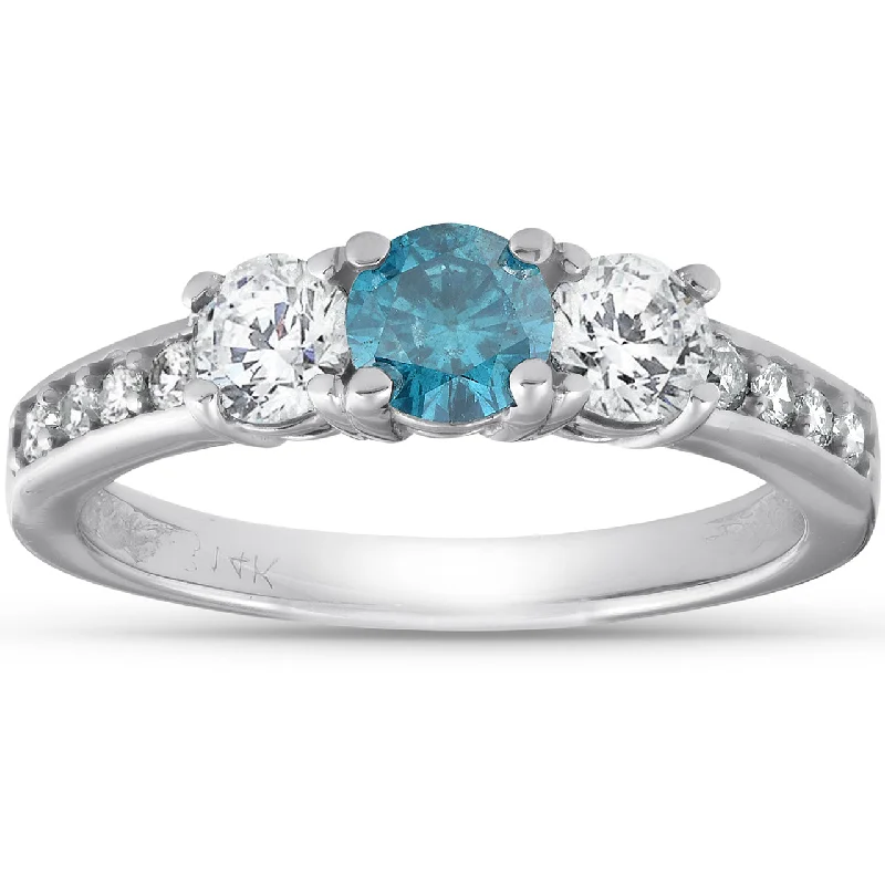 women ruby and diamond engagement rings -1 Carat Three Stone Blue & White Diamond Ring 14K White Gold