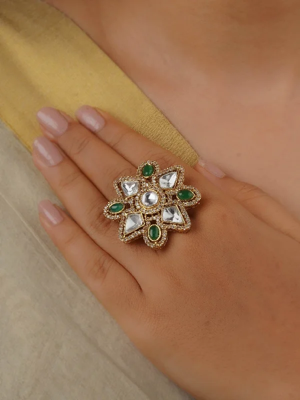 women pearl rings -Green Color Gold Plated Faux Polki Ring - PK-R8WGR