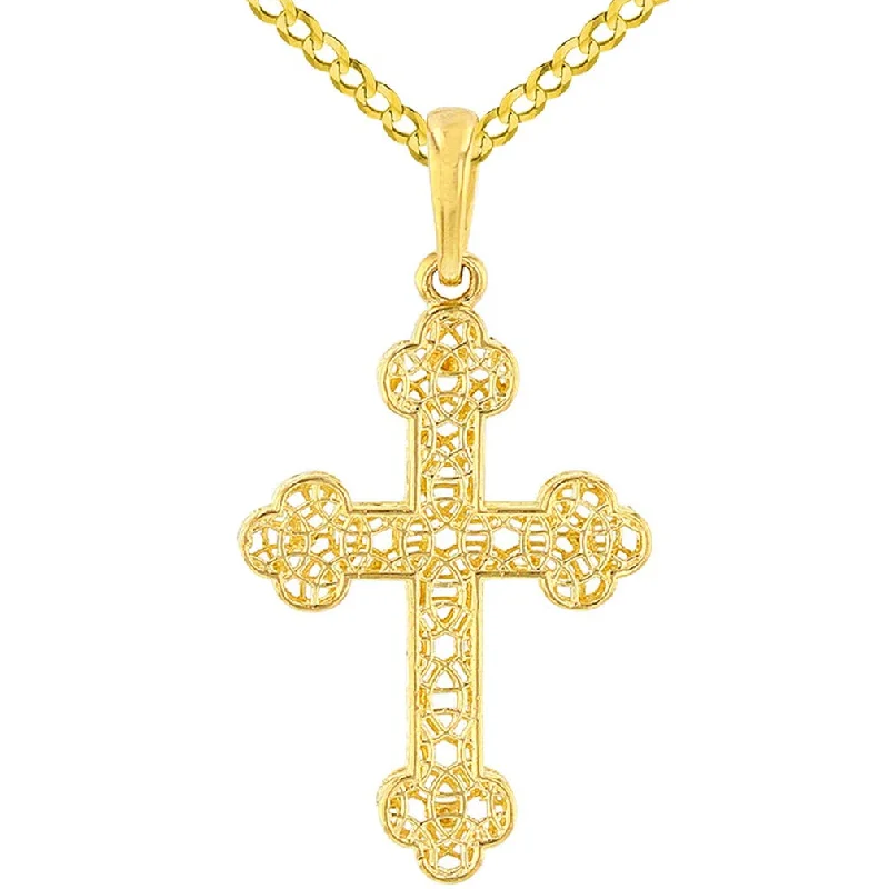 women birthstone necklaces -14k Yellow Gold Textured Filigree Eastern Orthodox Cross Pendant with Cuban Concave Necklace