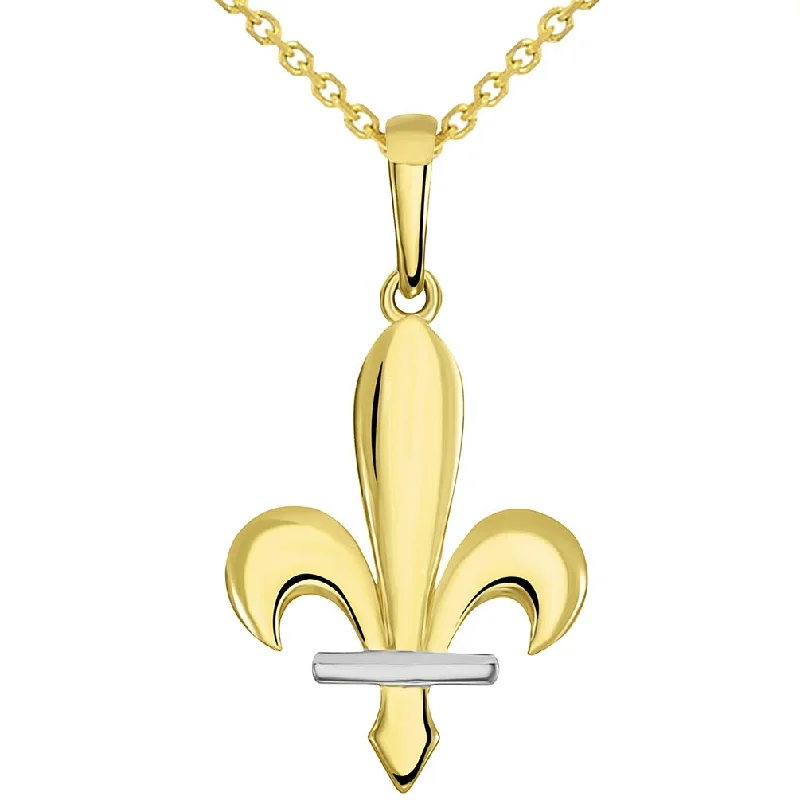 women chunky necklaces -14k Yellow Gold Polished Two-Tone Fleur de Lis Bosnian Pendant Necklace