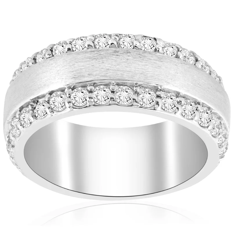 women oval diamond engagement rings -2 3/4 CT Double Row Brushed Wide Wedding Anniversary Ring 14K White Gold