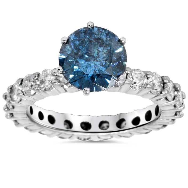 women custom wedding bands -4 3/4ct Blue & White Diamond Eternity Engagement Ring 14K White Gold