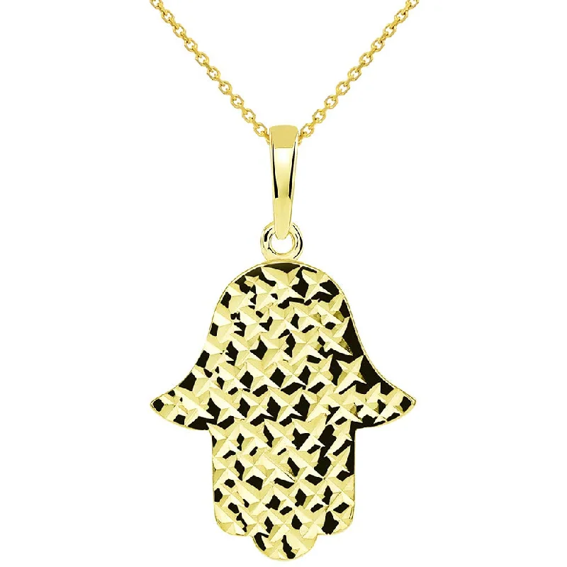 women vintage charm necklaces -14k Yellow Gold Textured Elegant Hamsa Hand of God Pendant Necklace