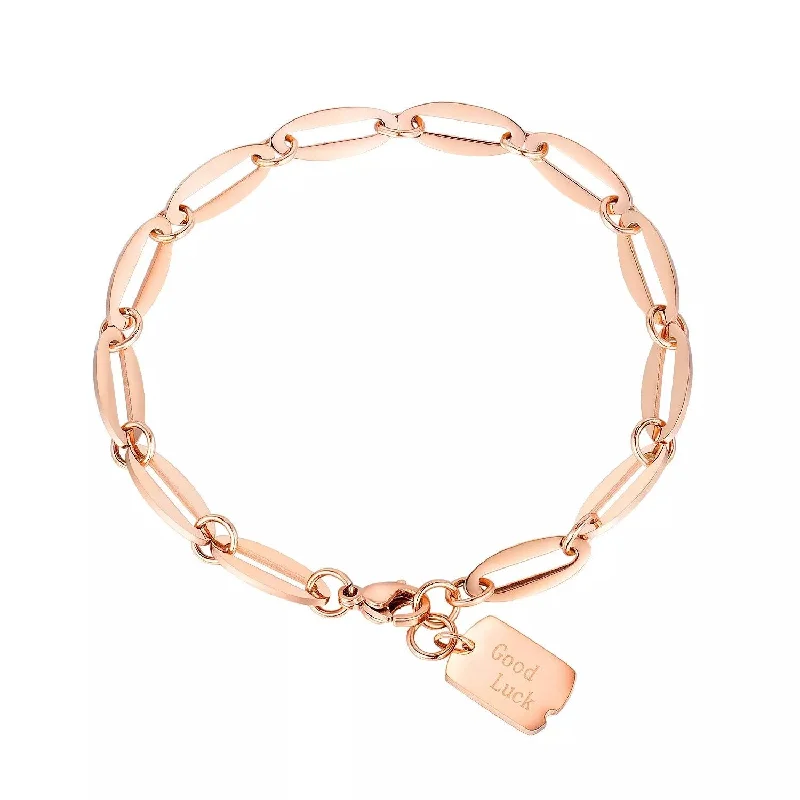 women chunky bracelets -Stainless Steel Good Luck Link Bracelet Rose Gold Plated