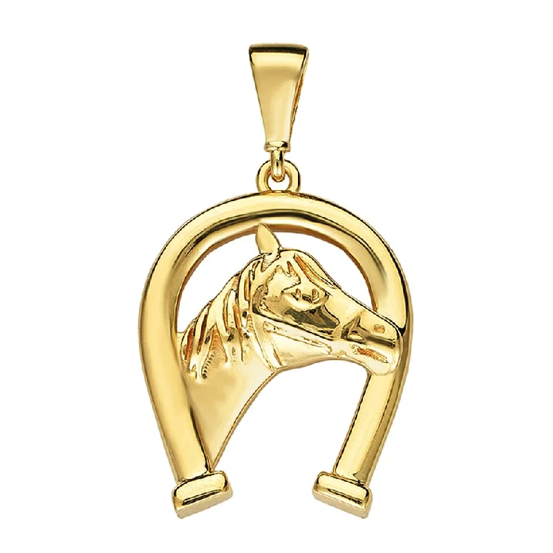 women boho necklaces -14k Yellow Gold Upside Down Horseshoe with Horse Pendant