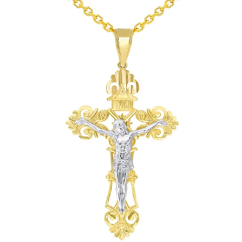 women twisted chain necklaces -Solid 14K Two-Tone Gold Roman Catholic Cross Jesus INRI Crucifix Pendant with Cable, Curb, or Figaro Chain Necklaces