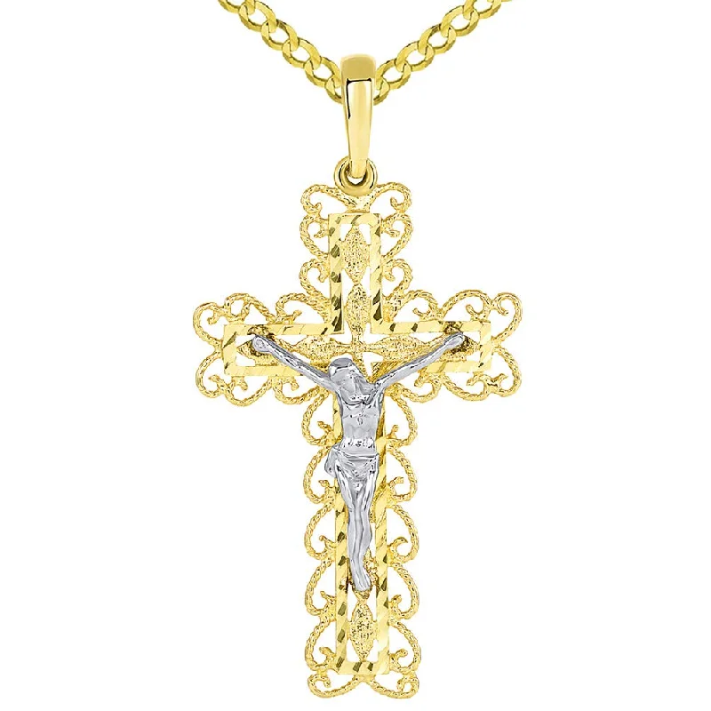 women crystal necklaces -Solid 14k Two Tone Gold Filigree Eastern Orthodox Cross Crucifix Pendant with Cuban Necklace