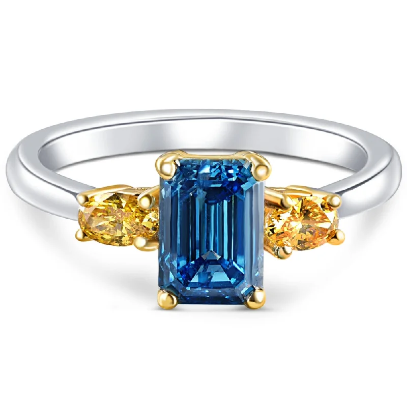 women custom engagement rings -1 1/4Ct Fancy Blue & Yellow Diamond Engagement Three Stone Emerald Ring 14k Gold