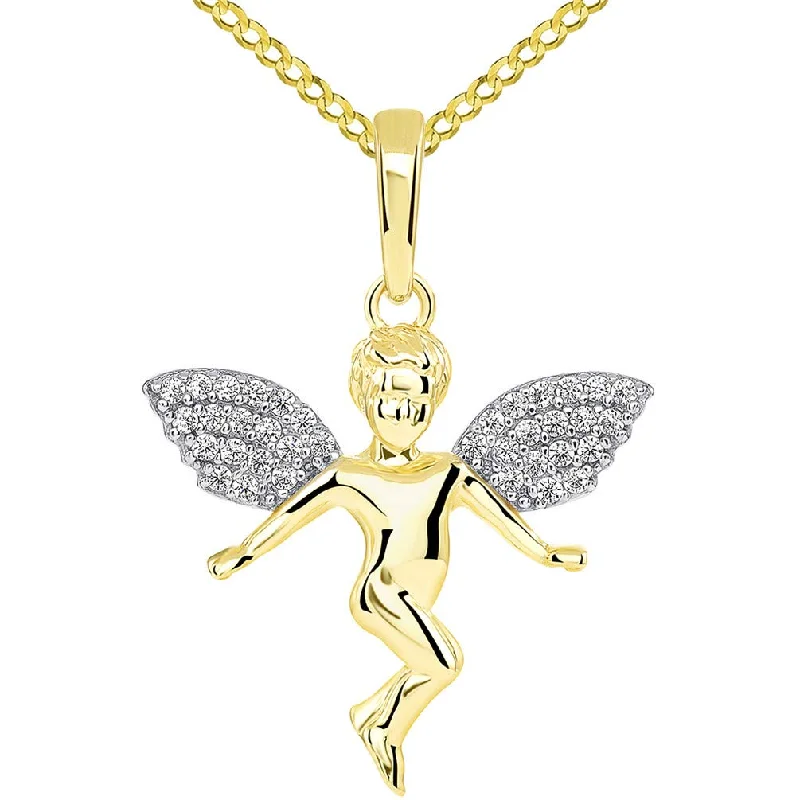 women infinity pendant necklaces -14k Yellow Gold Floating Guardian Angel with Micro Pave CZ Wings Pendant Cuban Chain Necklace