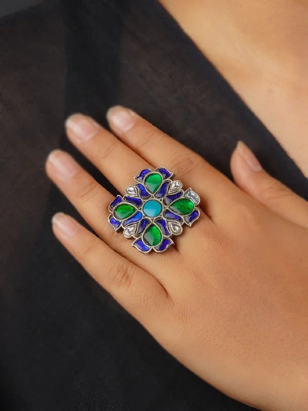 women cushion diamond rings -Multicolor Silver Plated Tribal Ring - EK-SFRNG122MA