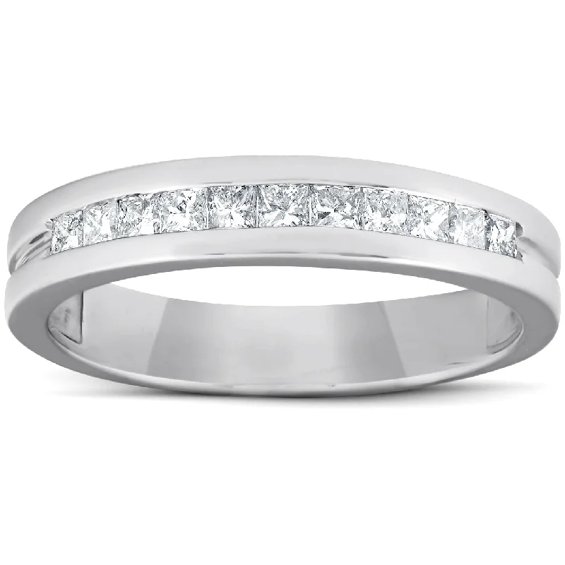 women engraved wedding bands -1/2ct Princess Cut Diamond Mens Wedding Ring 14K White Gold