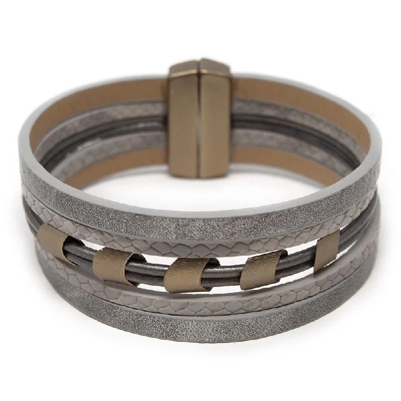 women birthstone bangles -Five String Leather Bracelet With Bronze Accent Dark Grey