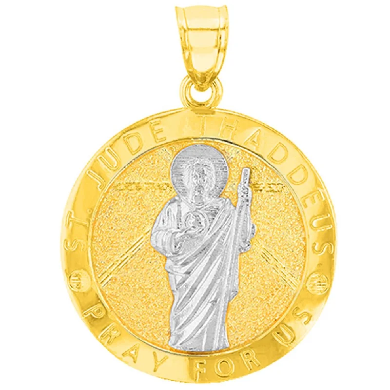 women spiral necklaces -Solid 14K Yellow Gold Round St. Jude Thaddeus Medallion Pray For Us Pendant